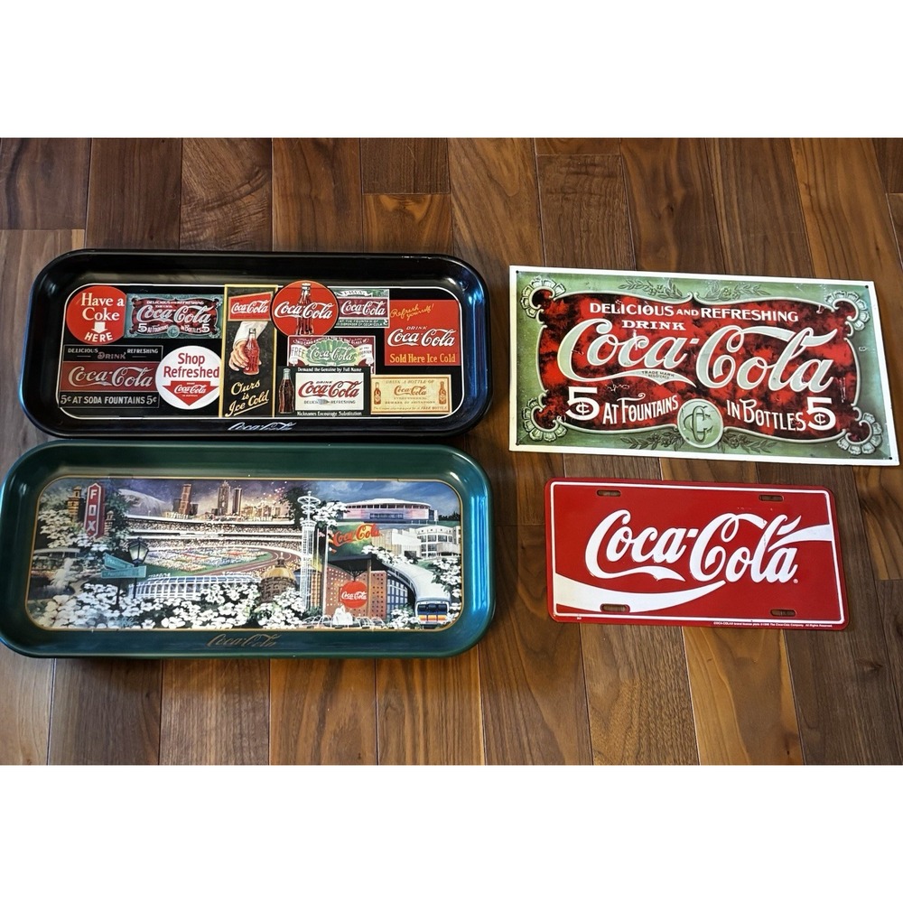 Lot Of 4 Coca Cola Advertisement Vintage Trays Sign License Plate